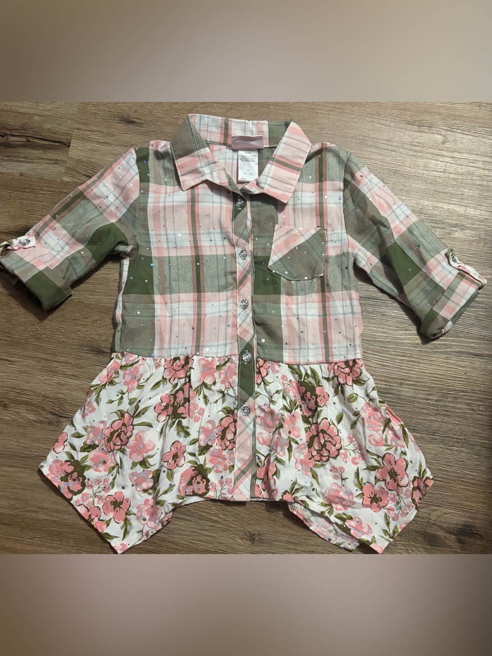 Little Lass - Plaid Button-Front Tunic with Floral Hem - Size 6